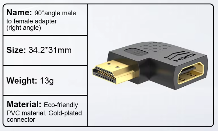 HDMI adapter 90 grader høyre vinkel spec